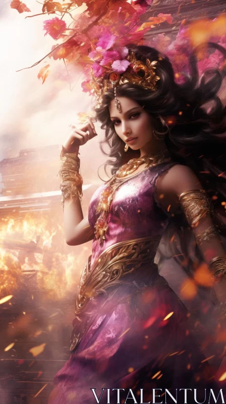 Epic Fantasy Artwork: Lady in Purple Amid Flames AI Image