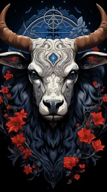 Intricate Illustration of Horned Cow with Red Flowers AI Image