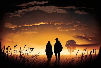 Romantic Sunset Walk in Field - Nature-Inspired Art