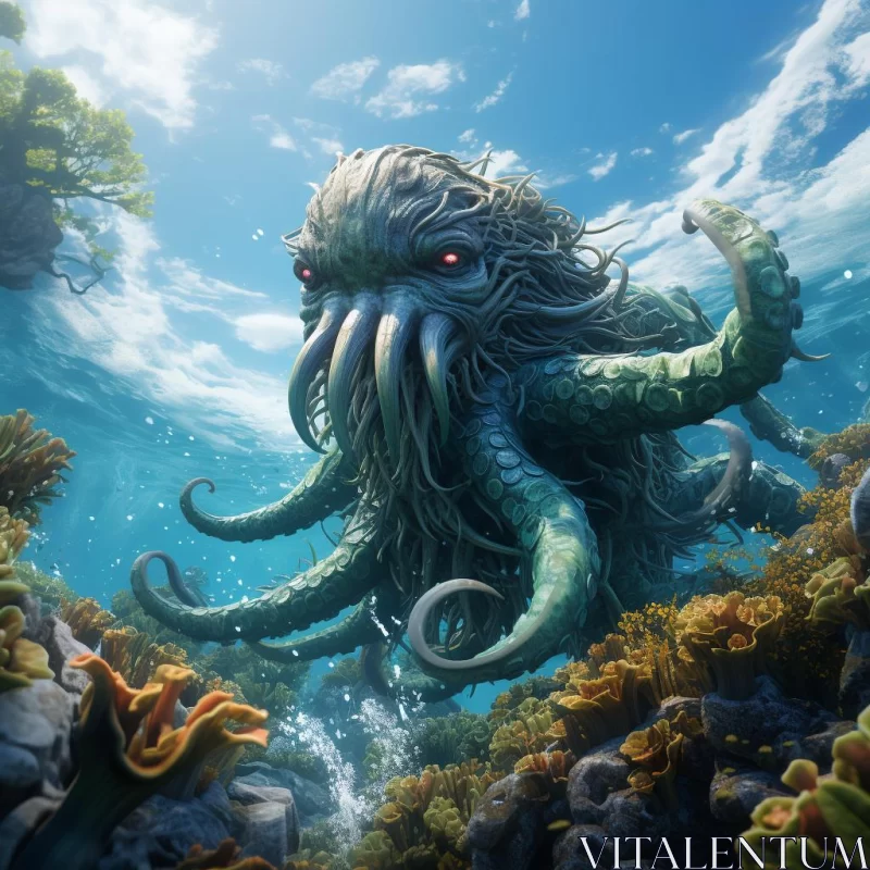 Underwater Majesty: A Realistic Depiction of Octopus in the Ocean AI Image