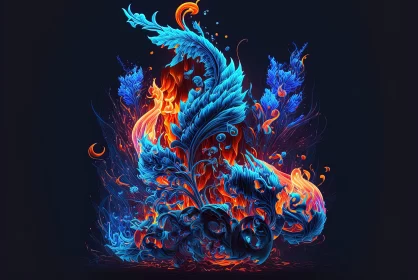 Fiery Dragon with Blue Flowers: A Colorful Fantasy Illustration AI Image