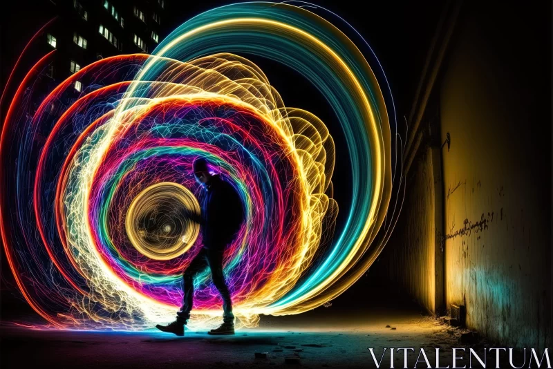 Man Amidst Colorful Light Art - Abstract Urban Energy AI Image