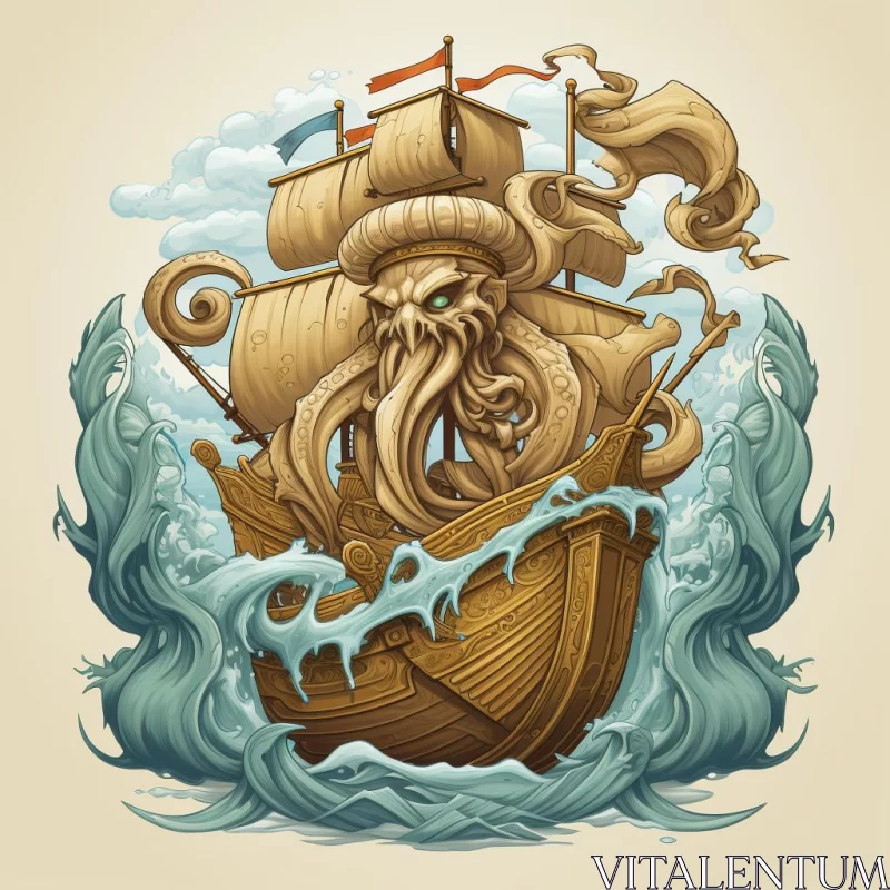 Stormy Sea with Octopus Ship - Nautical Fantasy Art AI Image