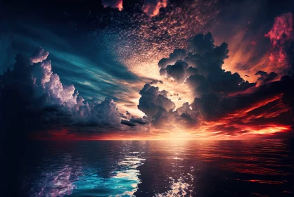 Surrealistic Ocean Landscape Under a Captivating Sunset AI Image