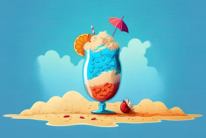 Tropical Beach Drink in Cartoon Style AI Image