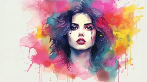 Colorful Watercolor Fashion-Illustration of a Girl's Face AI Image
