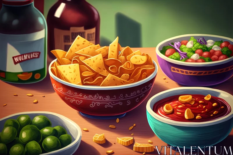 Cartoon Realism Food Art - A Lively Display of Chips and Salsa AI Image