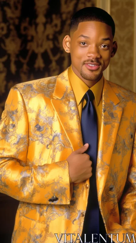 Will Smith in Elegant Metallic Yellow Suit - Wildstyle and Majestic AI Image