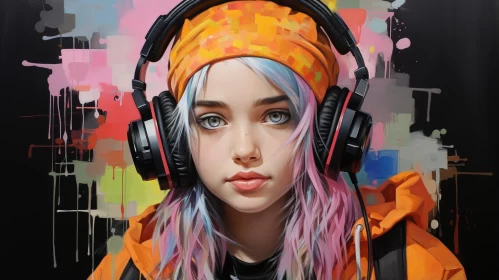Colorful Girl with Headphones - An Oil Painting AI Image