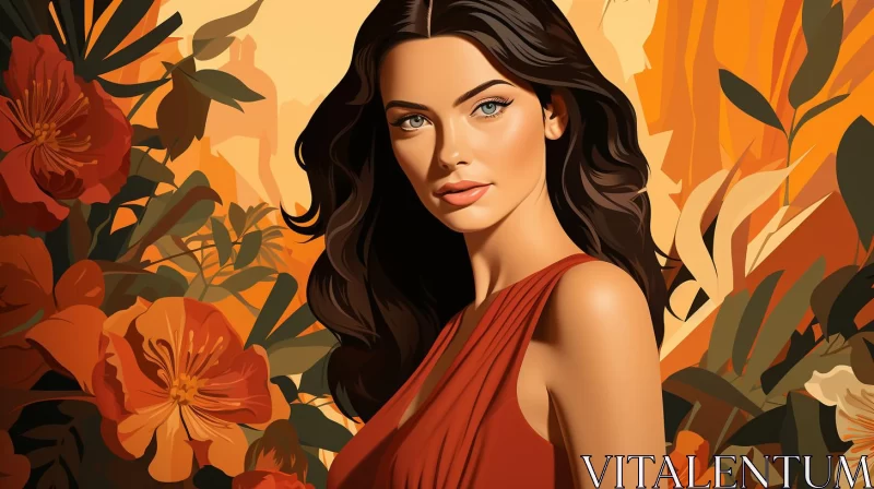 Elegant Woman Amidst Vivid Orange Flowers - Graphic Illustration AI Image