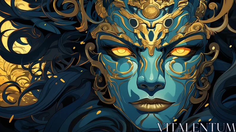 Fantasy Art: Blue Painted Woman with Golden Hair AI Image
