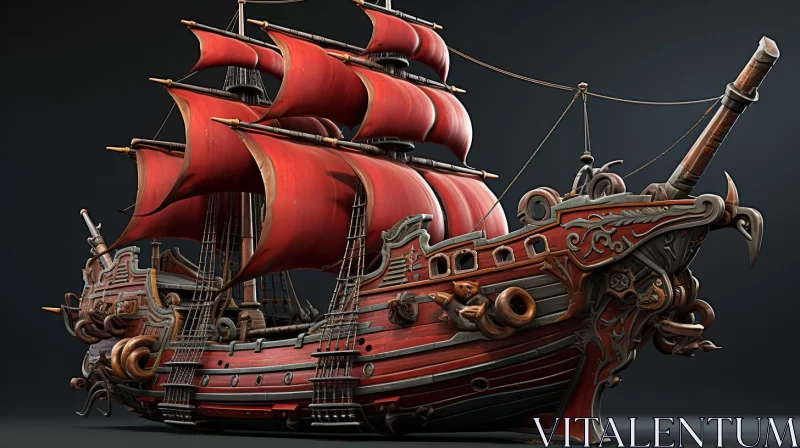 AI ART Intricate Red Pirate Ship - 3D Model in Realist Detail