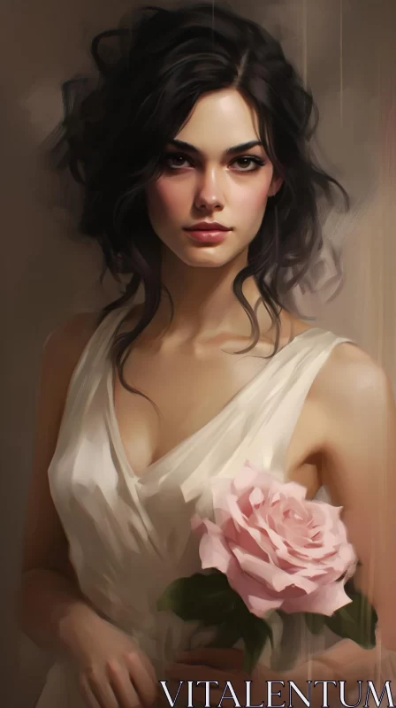 Subtle Realism: Woman in White Dress with Pink Rose AI Image