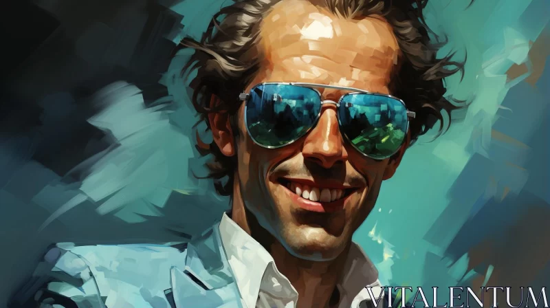 Teal and White Speedpainting Portrait of a Man with Sunglasses AI Image
