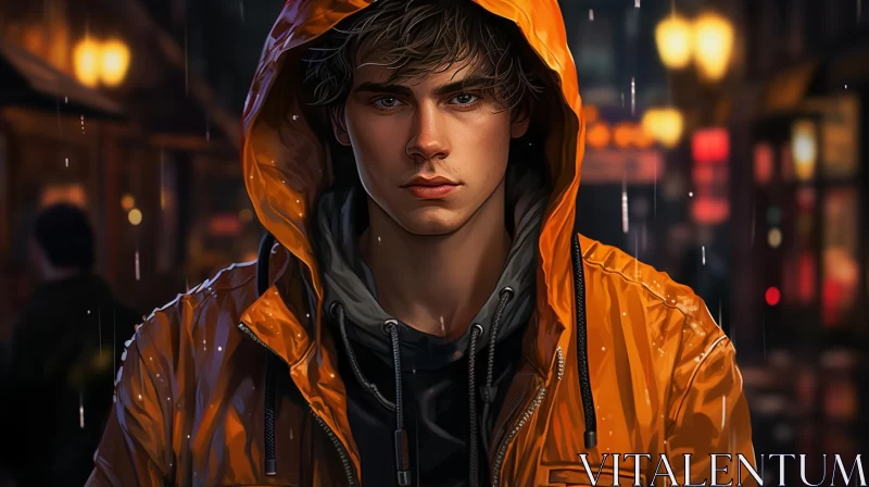 Youthful Protagonist in Rain Jacket: An Urban Storybook Scene AI Image