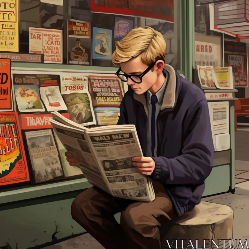 AI ART Citypunk 2D Art: Teenager Reading Newspaper on Street