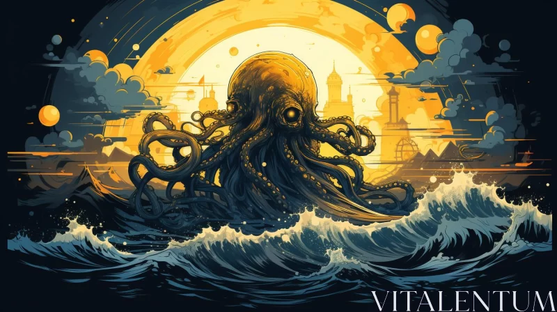 AI ART Golden Lit Octopus in Waves - Post-Apocalyptic Art