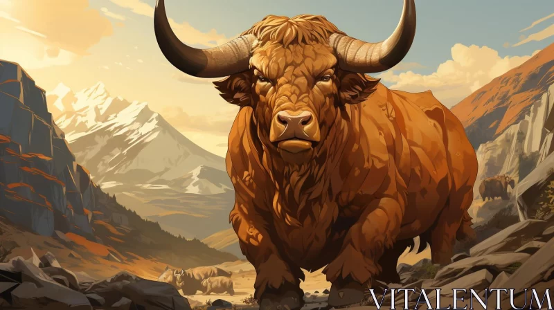 Majestic Bull on a Mountain: A Bronze and Amber Illustration AI Image