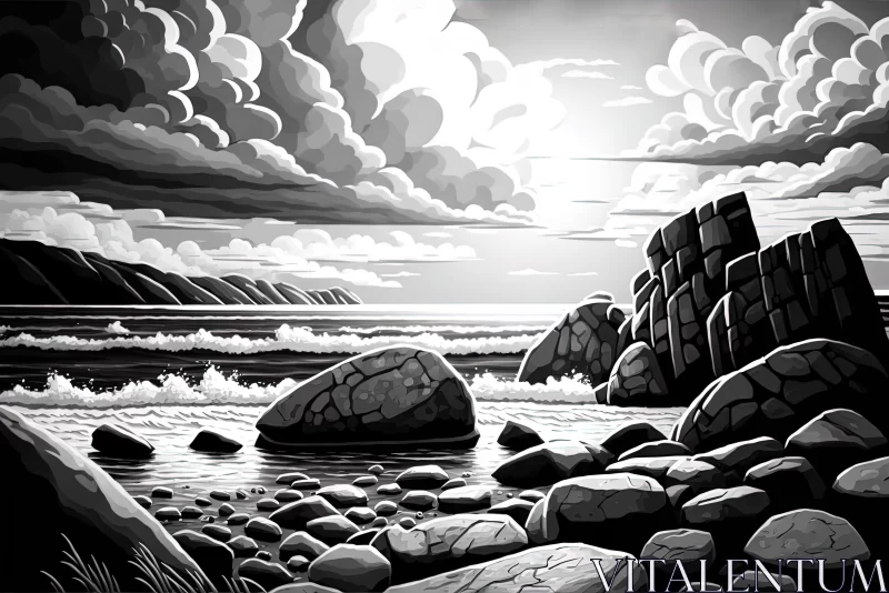 Monochrome Beach Scene with Detailed Rocks and Sky AI Image