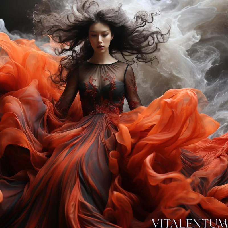 Mysterious Woman in Red Dress Surrounded by Smoke AI Image