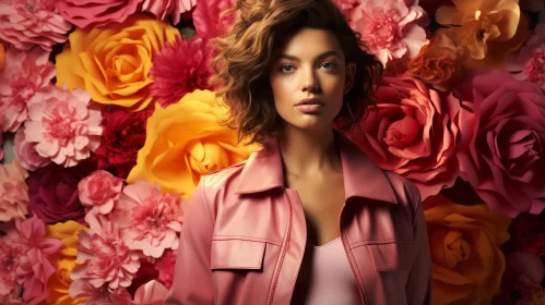 Woman in Pink Jacket Amidst Flowers - Photorealistic Portrait AI Image