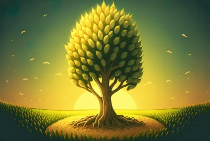 Surreal Illustration of a Yellow Tree at Sunset