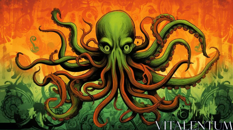 Detailed Octopus Illustration against Green Background AI Image