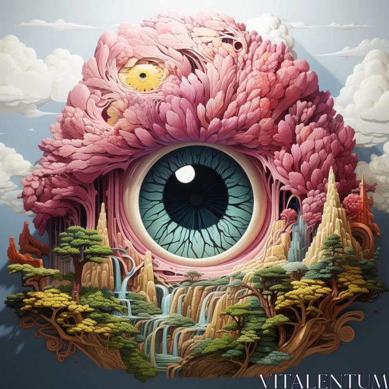 Surreal Eye with Pink Tree - 3D Illustrated Art AI Image