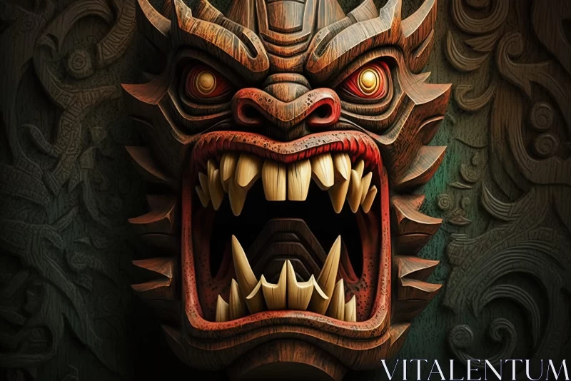 Asian-Inspired Wooden Dragon Mask - Bold Graphic Illustration AI Image