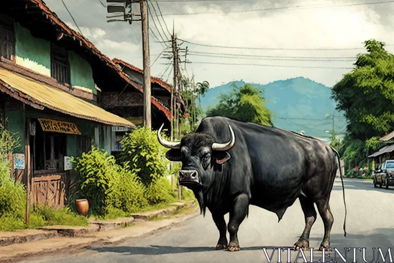 Black Bull on Street - A Fusion of Wildlife and Art AI Image