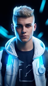 Boy Illuminated by Neon Lights in Unreal Engine 5 Style