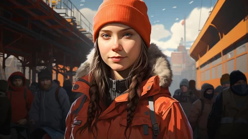 Girl in Orange Coat at Train Yard - Detailed 2D Game Art Style Portrait AI Image