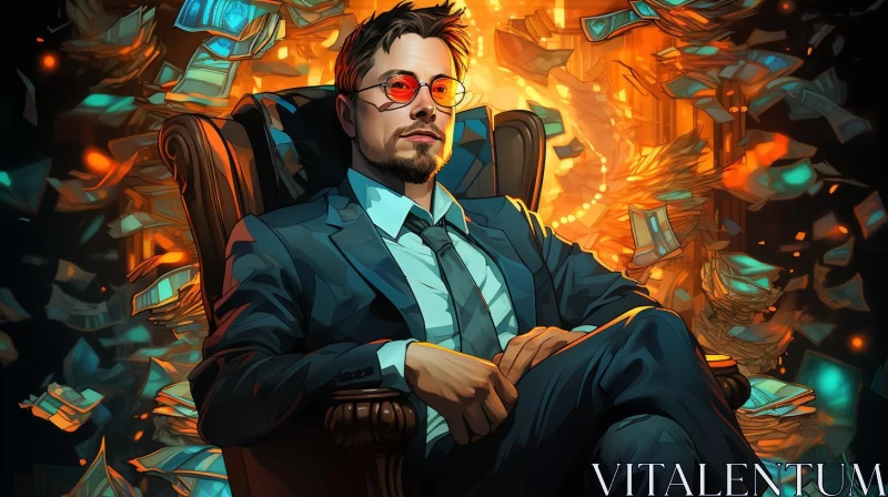 Man in Tie Amidst Fiery Wealth - A Sci-Fi Artwork AI Image
