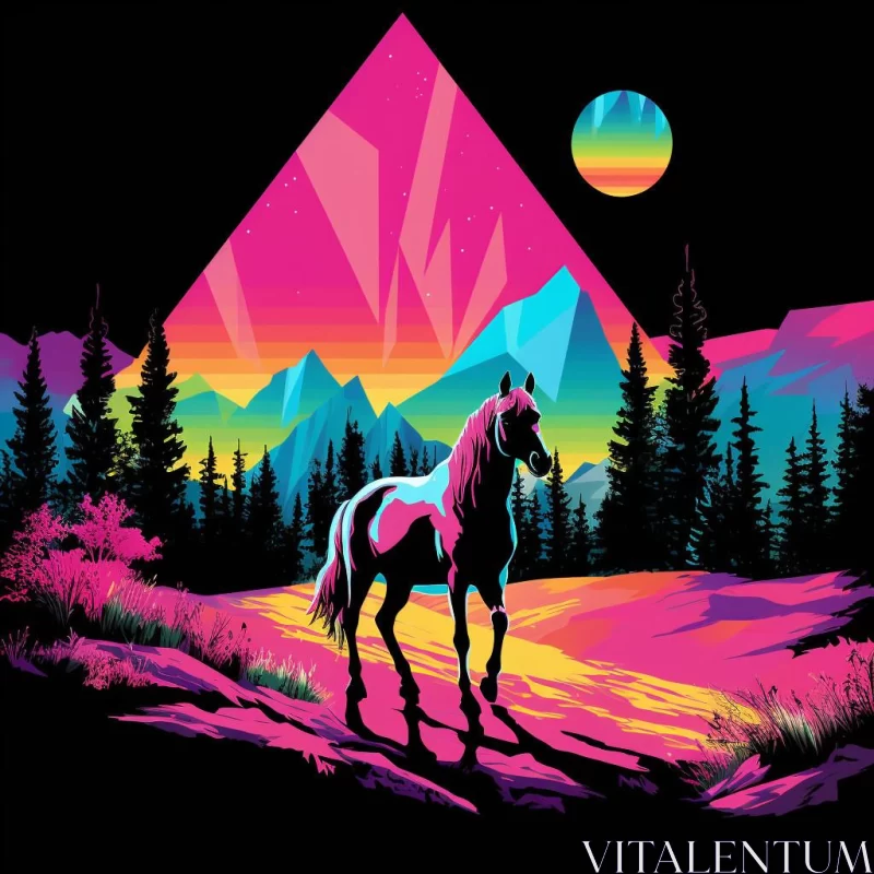 Unicorn in the Mountains - Psychedelic Silkscreen Vector Art AI Image
