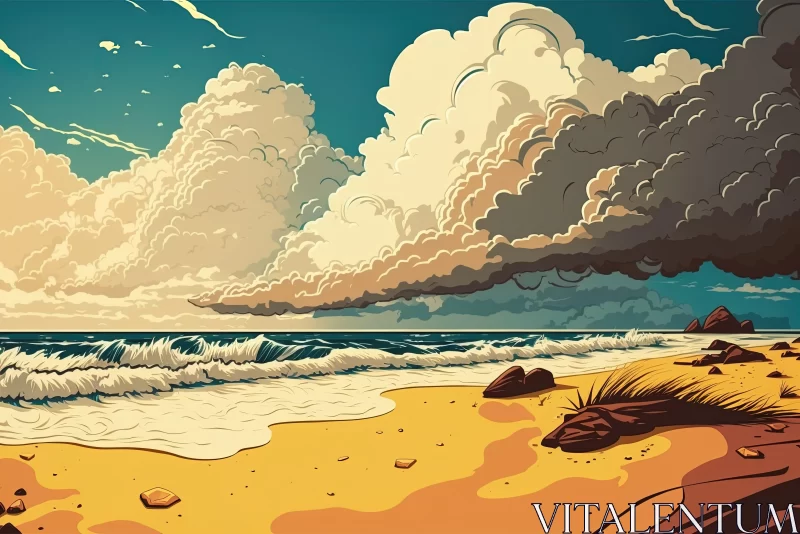 Beach Scene with Clouds: A Vintage Style Illustration AI Image