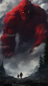 Epic Red Monster Illustration Amidst Mountainous Landscape AI Image