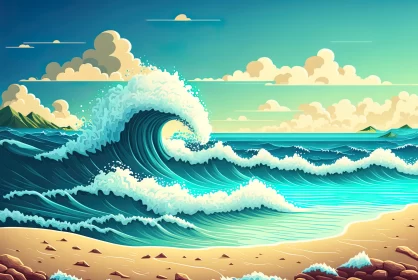Illustrated Ocean Waves: A Cartoon Realism Landscape