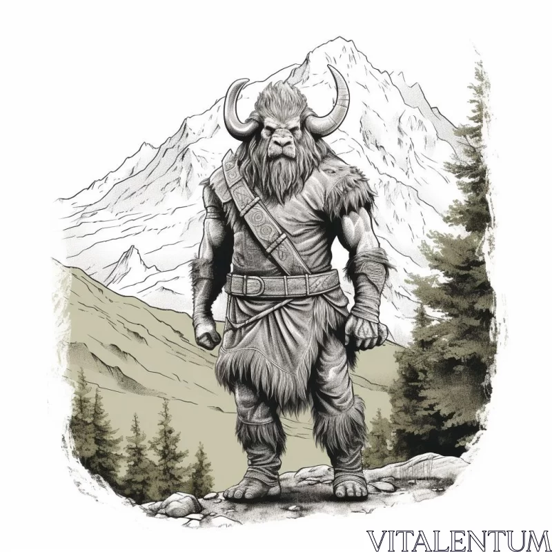 AI ART Monochromatic Viking Illustration Against Mountainous Backdrop