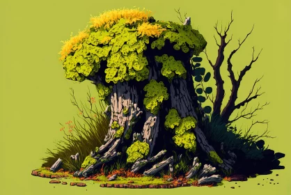 Pixel Art of Fungus and Foliage on Tree Stump AI Image