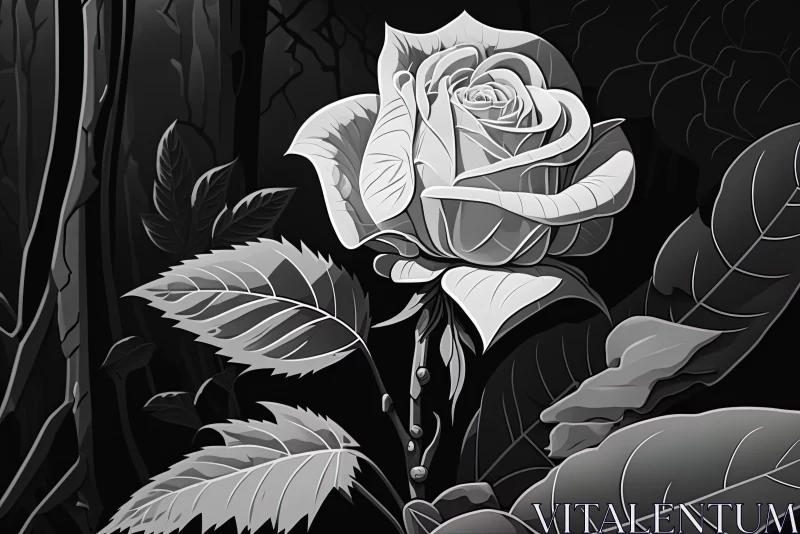 Black and White Illustration of a Rose in a Forest AI Image
