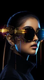 Futuristic Woman with Technological Sunglasses in Golden Hues