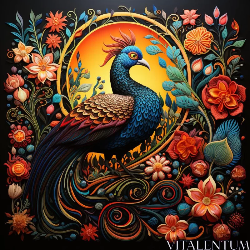 Mexican Style Peacock Art with Floral Motif on Textured Canvas AI Image