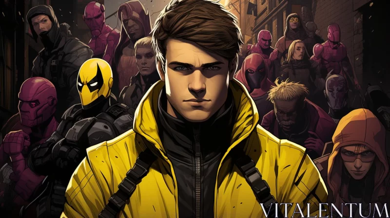 Spiderman Amidst a Crowd in Yellow Jackets - Stark Contrasts AI Image