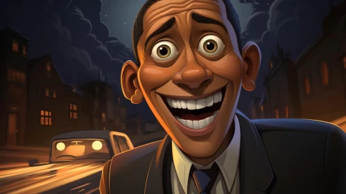 Stylized Cartoon Portrait of Barack Obama in Street Scene