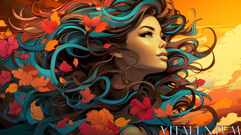Artistic Autumn Woman in Detailed Illustration AI Image