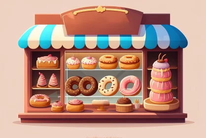Illustrated Donut Shop with Pastel Skies and Romantic Cityscape
