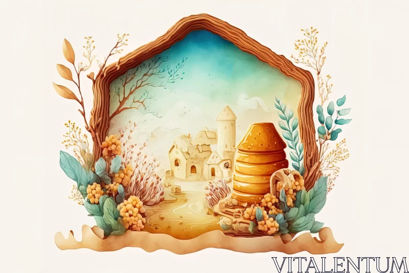 Surreal Watercolor Landscape with Honey House and Window AI Image