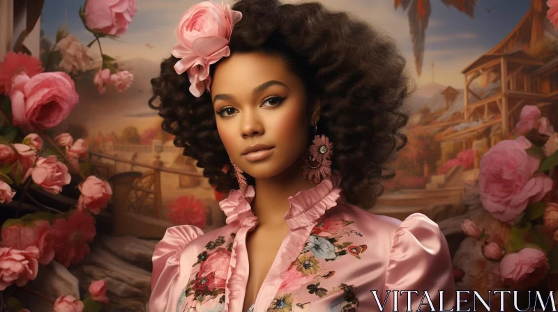 Afro-haired Woman in Floral Pink Dress: Western-style Portrait AI Image