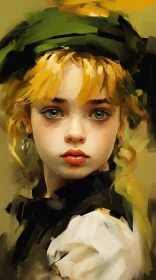 Charming Anime Character in Oil Painting - A Girl with Green Hat AI Image