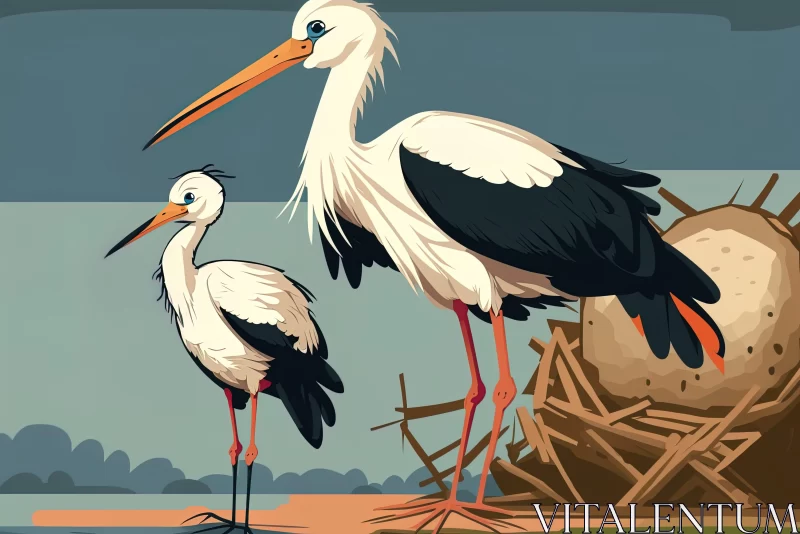 2D Game Art of White Storks: Bold Colors and Beach Scene AI Image